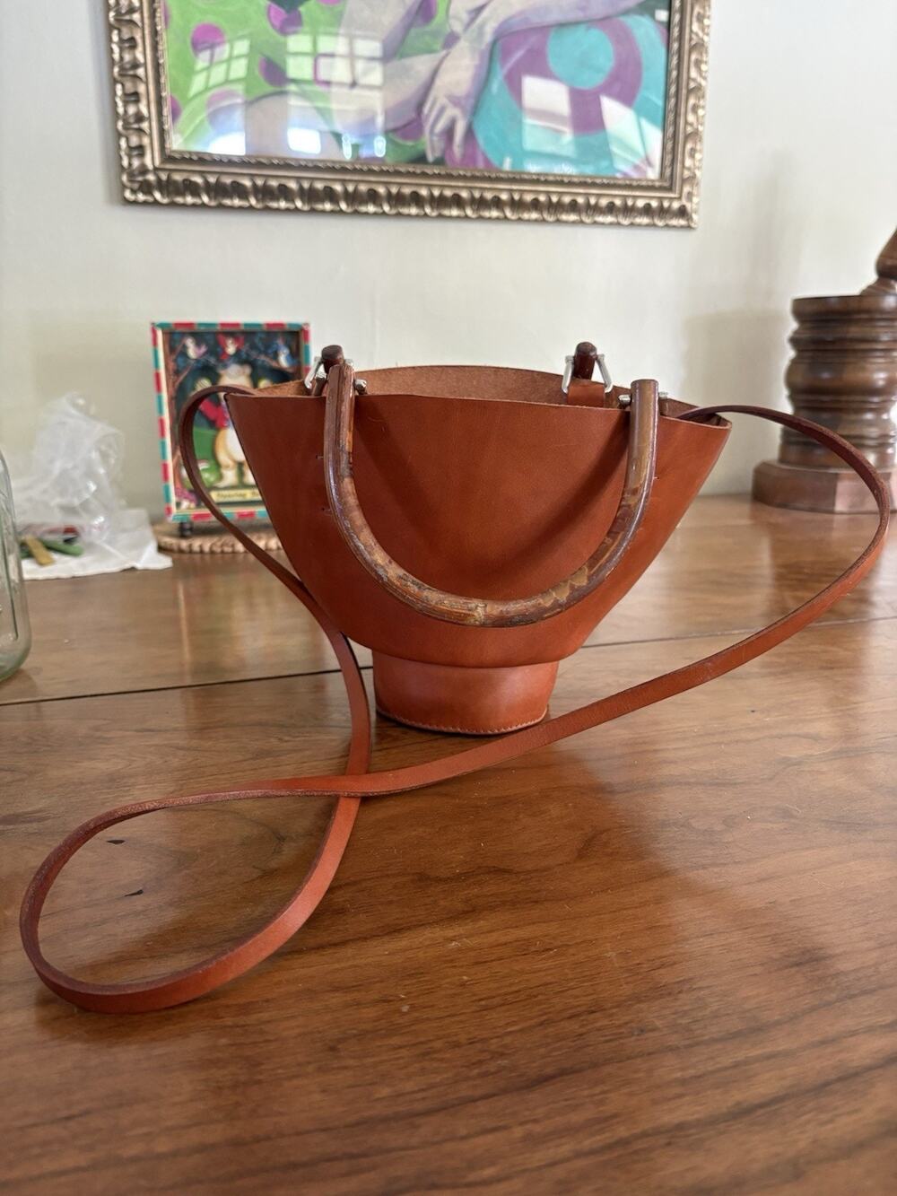 MUUÑ Louise Bucket Bag Leather Bamboo Handle Crossbody Made France Sculptural